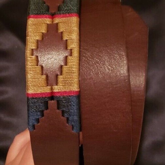 Native American Leather Belt w/ Yellow/Beige Blue Green & Red Embroidery